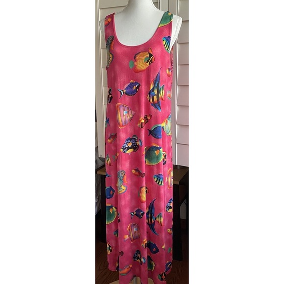 Jostar Dresses & Skirts - Vintage Jostar Tank Dress Pink Maxi Fish Print 90s Beach Stretch Slinky USA made